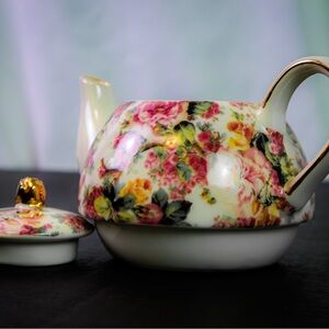 Floral Porcelain Teapot with Gold Trim